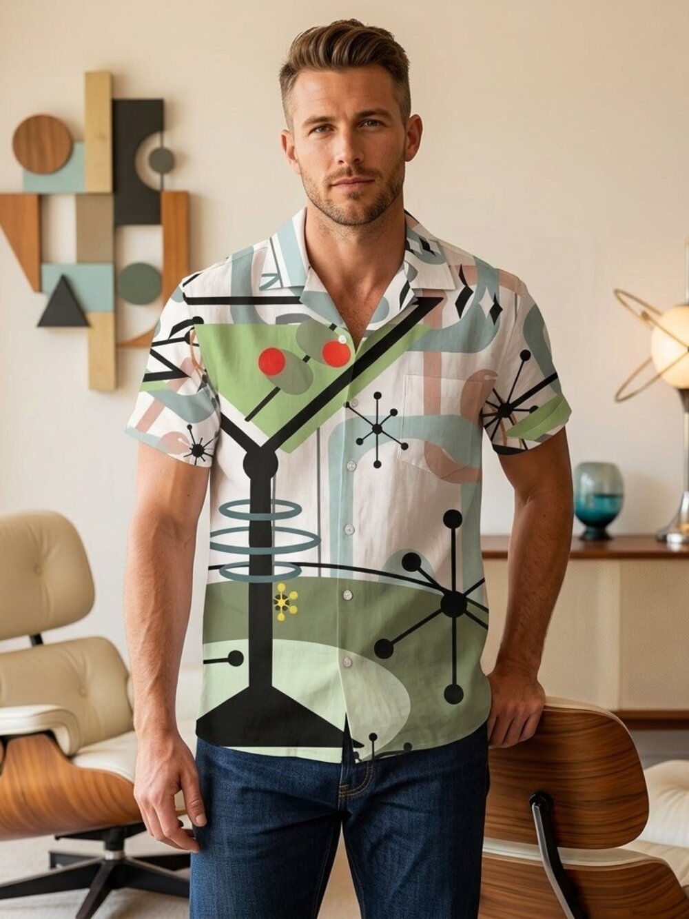 Retro Atomic Martini Shirt Artistic Summer Button‑Up Unisex Resort Casual Top
